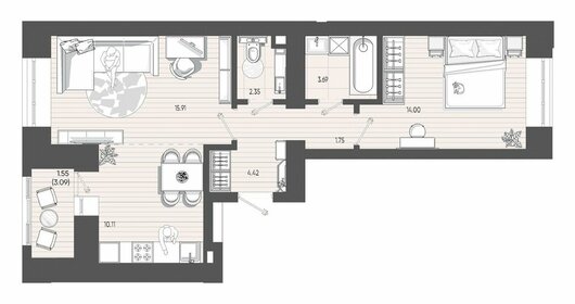 Квартира 53,8 м², 2-комнатная - изображение 2