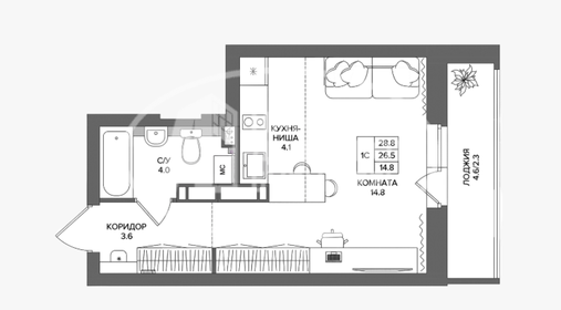 Квартира 28,8 м², студия - изображение 1