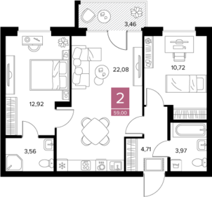 Квартира 59 м², 2-комнатная - изображение 1
