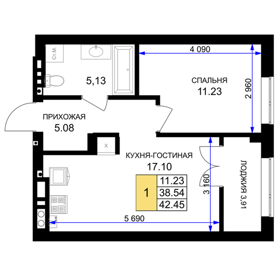 43,1 м², 1-комнатная квартира 9 111 340 ₽ - изображение 1