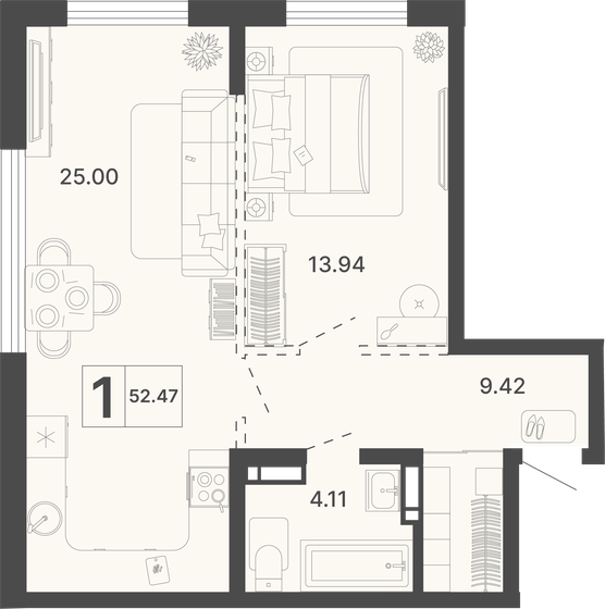 52,5 м², 1-комнатная квартира 23 845 000 ₽ - изображение 1