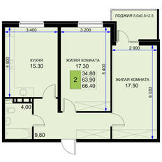 Квартира 66,4 м², 2-комнатная - изображение 2