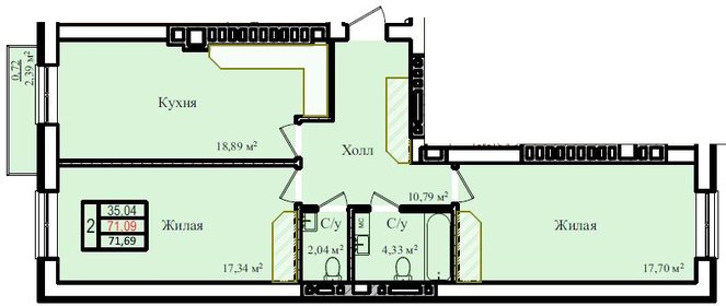 Квартира 71,7 м², 2-комнатная - изображение 1