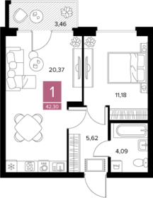 Квартира 42,3 м², 1-комнатная - изображение 1