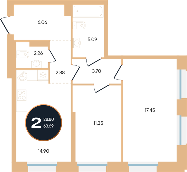 63,7 м², 2-комнатная квартира 14 202 870 ₽ - изображение 1