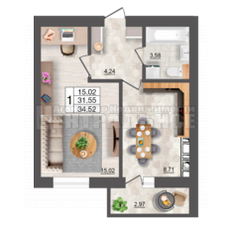 Квартира 34,5 м², 1-комнатная - изображение 1