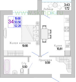 Квартира 53,4 м², 1-комнатная - изображение 1