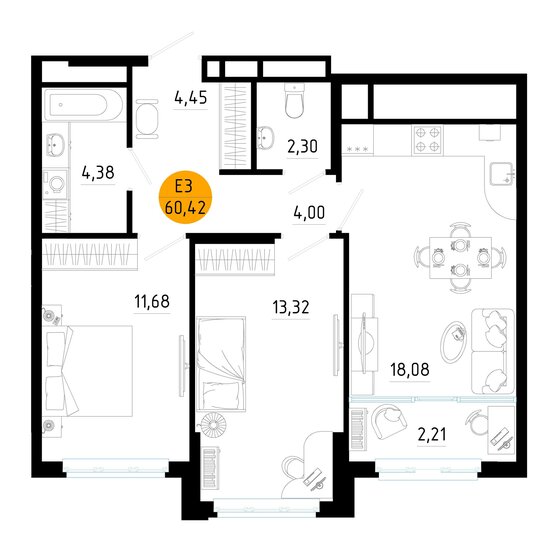 60,4 м², 2-комнатная квартира 7 550 687 ₽ - изображение 1