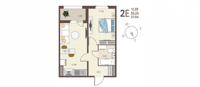 Квартира 37,1 м², 1-комнатная - изображение 1