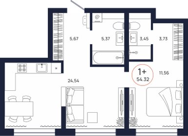 Квартира 54,3 м², 1-комнатная - изображение 3