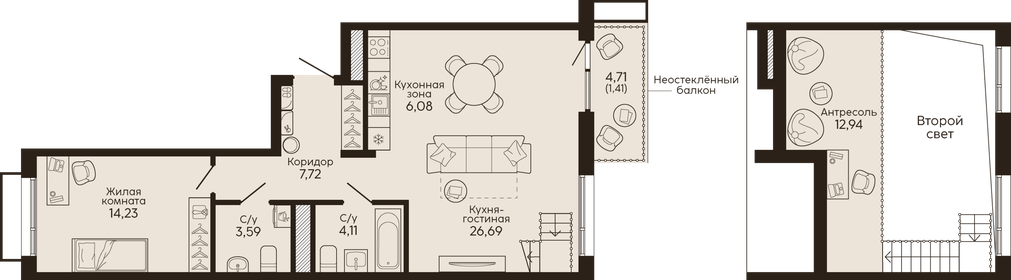 Квартира 76,8 м², 1-комнатная - изображение 1