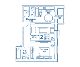 Квартира 54,9 м², 2-комнатная - изображение 1