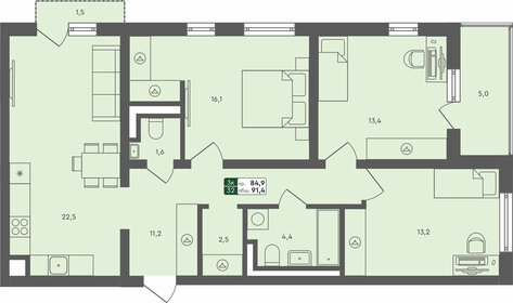 Квартира 91,4 м², 3-комнатная - изображение 1