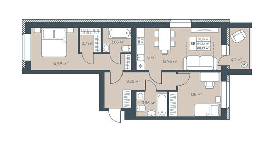 Квартира 68,7 м², 3-комнатная - изображение 1
