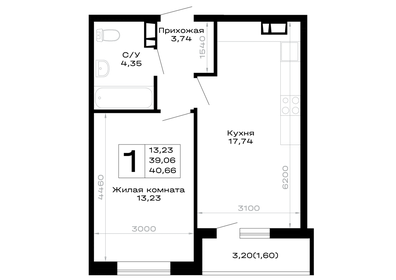 Квартира 40,7 м², 1-комнатная - изображение 1