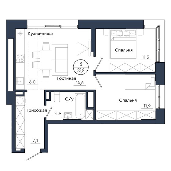 55,8 м², 3-комнатная квартира 9 095 400 ₽ - изображение 64