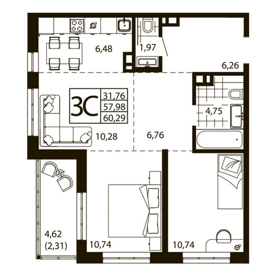 60,3 м², 3-комнатная квартира 7 837 700 ₽ - изображение 1