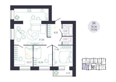 Квартира 79,9 м², 3-комнатная - изображение 1