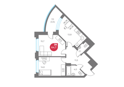 Квартира 64,7 м², 2-комнатная - изображение 1