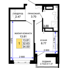Квартира 34 м², 1-комнатная - изображение 1