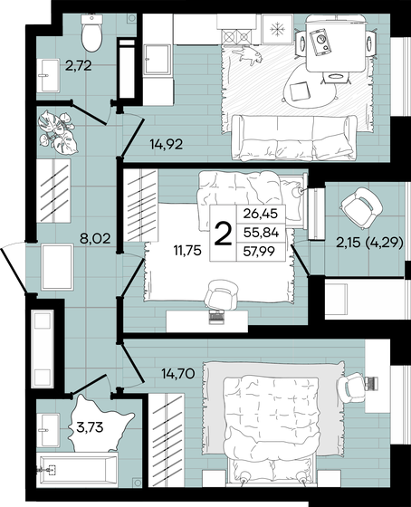 56,9 м², 2-комнатная квартира 9 621 170 ₽ - изображение 33