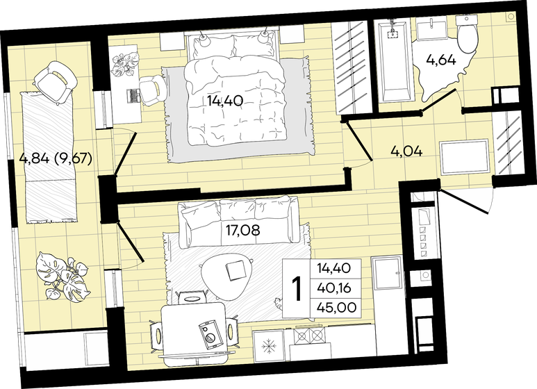 45,9 м², 1-комнатная квартира 8 940 750 ₽ - изображение 15