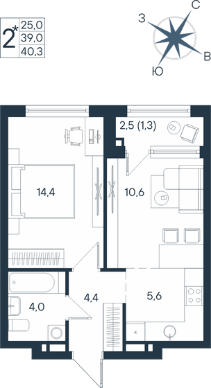 40,3 м², 2-комнатная квартира 6 689 800 ₽ - изображение 9