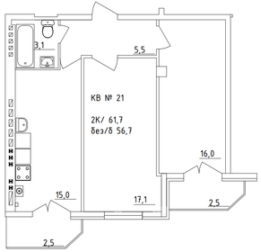 Квартира 61,7 м², 2-комнатная - изображение 1