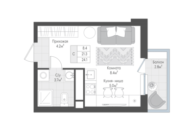 Квартира 22,2 м², 1-комнатная - изображение 1