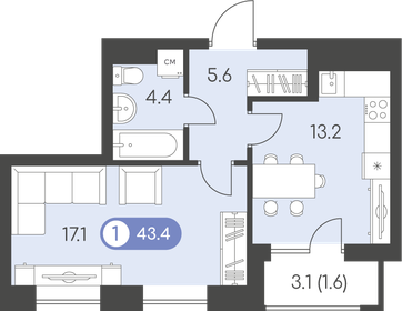 Квартира 43,4 м², 1-комнатная - изображение 1