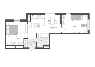 Квартира 55,1 м², 2-комнатная - изображение 1