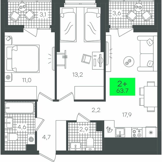 61,7 м², 2-комнатная квартира 7 871 580 ₽ - изображение 3