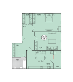 Квартира 74,7 м², 2-комнатная - изображение 1