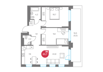 Квартира 85,7 м², 3-комнатная - изображение 1
