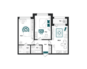 Квартира 73,3 м², 2-комнатная - изображение 1