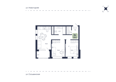 Квартира 52,6 м², 2-комнатная - изображение 1