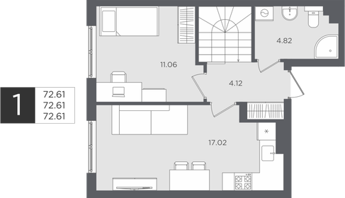 Квартира 72,6 м², 1-комнатная - изображение 1