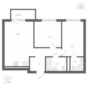 Квартира 59,6 м², 2-комнатная - изображение 1