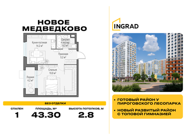Квартира 43,3 м², 1-комнатная - изображение 1