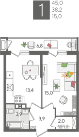 Квартира 45 м², 1-комнатная - изображение 1