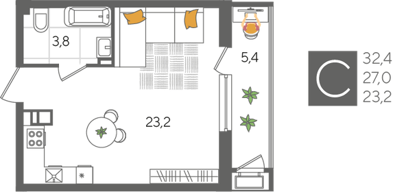 Квартира 32,4 м², студия - изображение 2