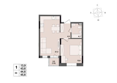 Квартира 44,6 м², 1-комнатная - изображение 1