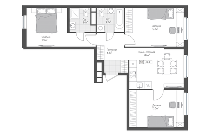 Квартира 69,9 м², 3-комнатная - изображение 1