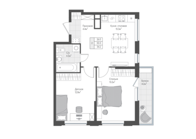 Квартира 51,3 м², 2-комнатная - изображение 1