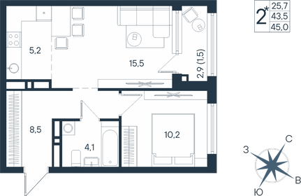 Квартира 45 м², 2-комнатная - изображение 1