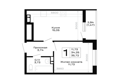 Квартира 35,7 м², 1-комнатная - изображение 1