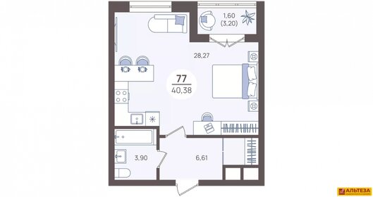 Квартира 42,1 м², 1-комнатные - изображение 2