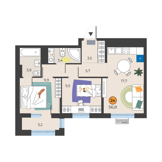 61,3 м², 2-комнатная квартира 6 990 000 ₽ - изображение 57