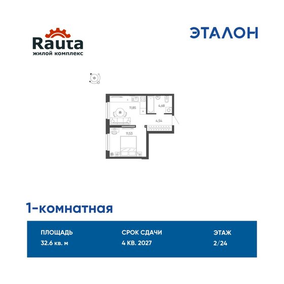 32,6 м², 1-комнатная квартира 5 120 880 ₽ - изображение 1