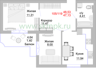 Квартира 52,7 м², 2-комнатные - изображение 1